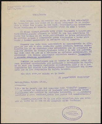 Nuevo Horizonte typed letter to Sacco-Vanzetti Defense Committee, in Spanish, Lorain, Ohio, August 17, 1924