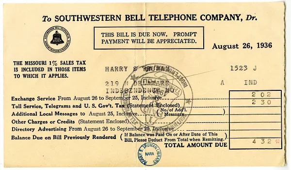 Bill from Southwestern Bell Telephone Company to Harry S. Truman