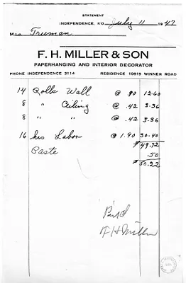Bill from F. H. Miller and Son for Bess W. Truman