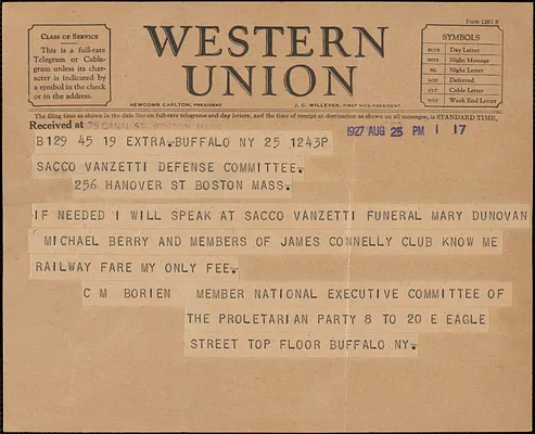 C. M. Borien (National Executive Committee, The Proletarian Party) telegram to Sacco-Vanzetti Defense Committee, Buffalo, N. Y., August 25, 1927