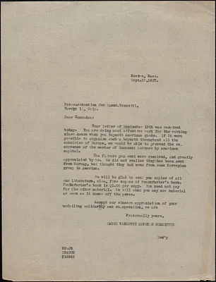 Mary Donovan (Sacco-Vanzetti Defense Committee) typed letter (copy) to Forsvarskomtien fer Sacco-Vanzetti, Boston, Mass., September 22, 1927