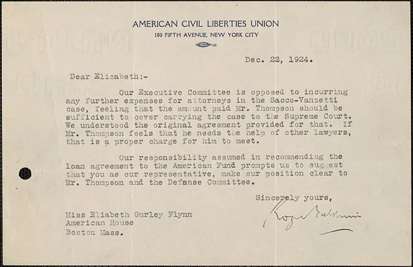 Roger N. Baldwin (American Civil Liberties Union) typed letter signed to Elizabeth Gurley Flynn, New York, N. Y., December 22, 1924