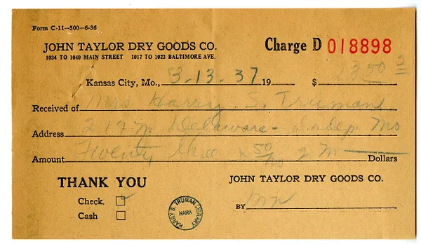 Receipt from John Taylor Dry Goods Company