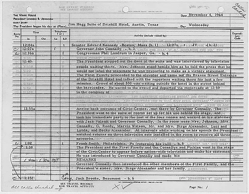 President's Daily Diary Entry, November 4, 1964