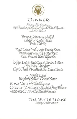 Cards-Menus, Dinner, Honoring His Excellency The President of the Czech and Slovak Federal Republic and Mrs. Havel, The White House, October 22, 1991