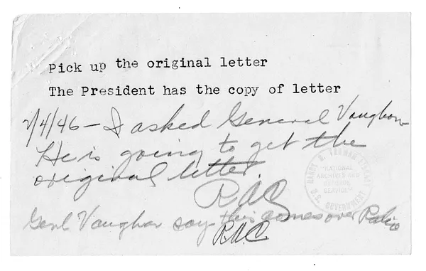 Memorandum from Colonel J. W. Bowen to Major General Harry Vaughan, with Attachment and Related Note