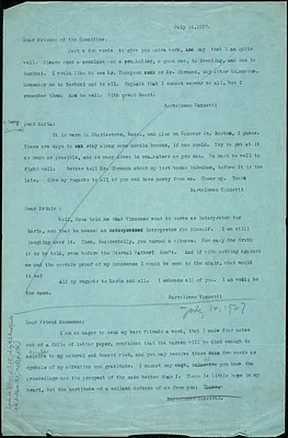 Bartolomeo Vanzetti typed note (copy) to Friends of the Committee, [Charlestown], 14 July 1927