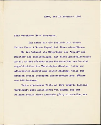 Kühlmann, Richard von, 1873- typed letter signed to Hugo Münsterberg, Haag, Holl., 18 November 1908