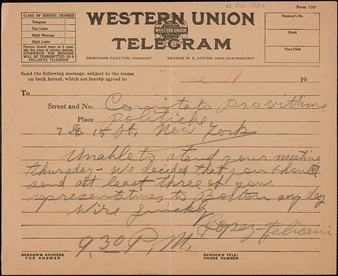 Frank R. Lopez and Aldino Felicani telegram (copy) to Comitato pro Vittime Politiche (Italian Committee for Political Prisoners), Boston, Mass., December 11, 1920