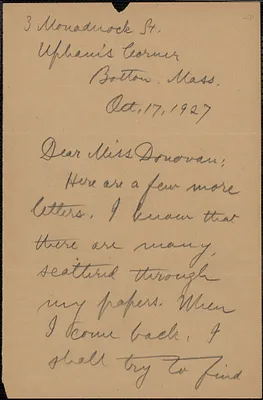 Alice Stone Blackwell autograph note signed to Mary Donovan, Boston, Mass., October 17, 1927