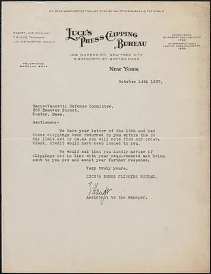 Luce's Press Clipping Bureau typed letter signed to Sacco-Vanzetti Defense Committee, New York, N. Y., October 14, 1927