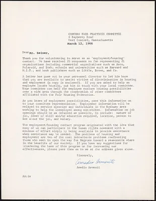 Letter to David Reiner from Concord Fair Practices Committee thanking him for volunteering to serve as an employment/housing contact