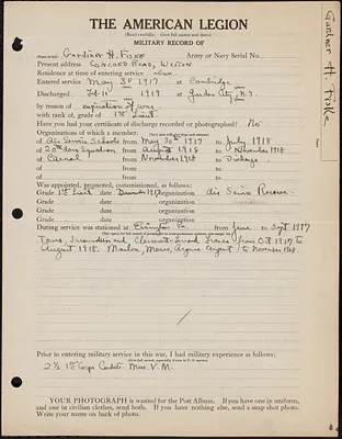 American Legion military record of Gardiner H. Fiske