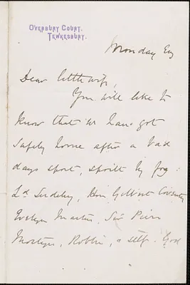 [John Biddulph Martin] autograph note to [Victoria Woodhull Martin], Tewkesbury, [England], approximately 1883-1897