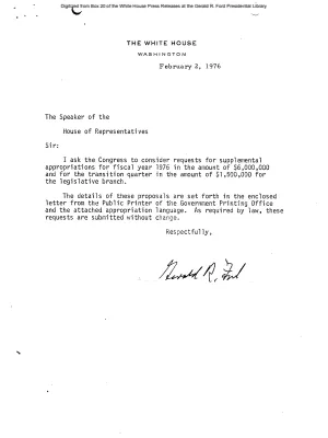President's Letter to Speaker of the House, and Letter of T. F. McCormick, Public Printer, United States Government Printing Office, to Jerolyn R. Lyle, Office of Management and Budget, requesting supplemental appropriations for the legislative branch