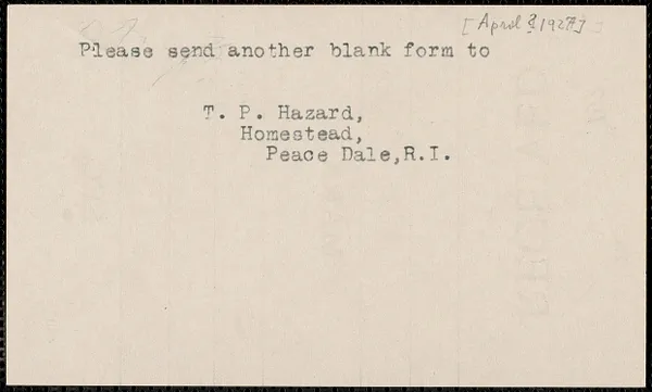 T. P. Hazard autograph note signed to Sacco-Vanzetti Defense Committee, Peace Dale, R.I., [April? 1927]