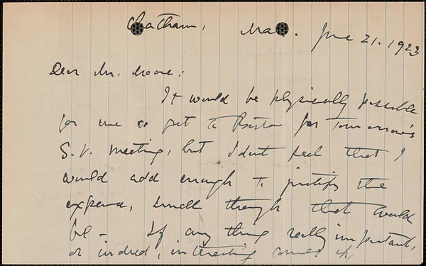 Elizabeth G[lendower] Evans autograph letter signed to [Fred H.] Moore, Chatham, Mass., June 21, 1923