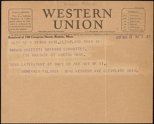 Dominic Palombi telegram to Sacco-Vanzetti Defense Committee, Cleveland, Ohio, August 13, 1927