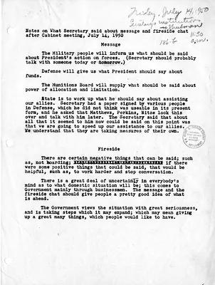 Memorandum, Notes on What Secretary Said About Message and Fireside Chat After Cabinet Meeting