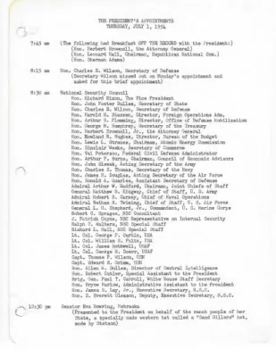 The President's Daily Appointments for July-December 1954