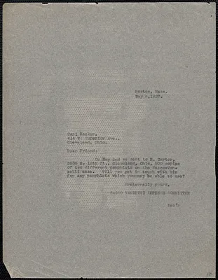 Sacco-Vanzetti Defense Committee typed note (copy) to Carl Hacker, Boston, Mass., May 6, 1927