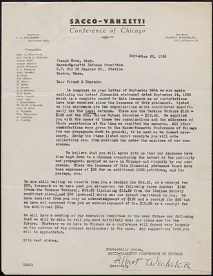 Albert Wechsler (Sacco-Vanzetti Conference of Chicago) typed letter signed to Joseph Moro, Chicago, Ill., September 29, 1926