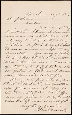 Samuel Warner to J. H. Loud Treasurer, 6 August 1854