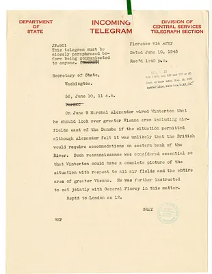 Telegram from Gray to Secrertary of State Edward Stettinius