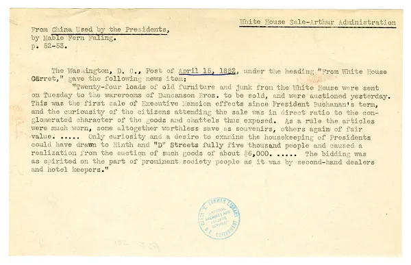 Book Excerpt re White House Sale During Administration of President Chester A. Arthur