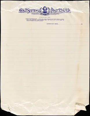 Charles H. Stevens Post 53, G.A.R., Leominster, Mass., cover sheet of post stationery