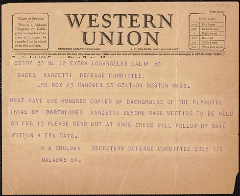 Mike Shulman (United Front Sacco-Vanzetti Conference) telegram to Sacco-Vanzetti Defense Committee, Los Angeles, Calif., January 31, [1927?]