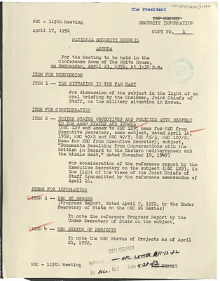 Agenda for the One Hundred and Fifteenth Meeting of the National Security Council