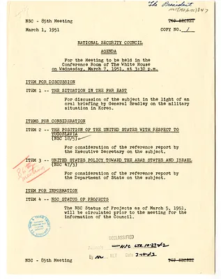 Agenda and Revised Agenda for the Eighty-Fifth Meeting of the National Security Council