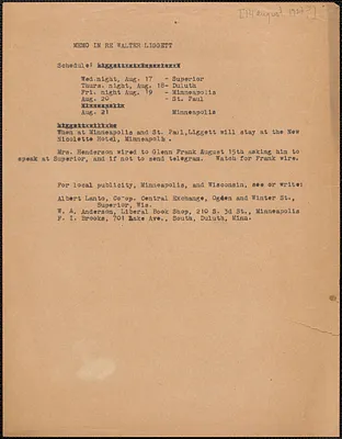 Typed memorandum, [August 14 1927?]: Memo in re Walter Liggett
