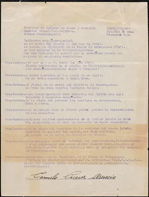 Carmelo Caceres Ascencio typed letter signed, in Spanish, to Sacco-Vanzetti Defense Committee, Mayaguez, Puerto Rico, April 29, 1927