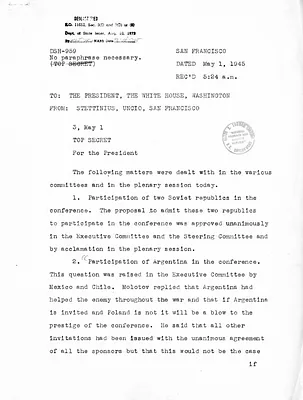 Telegram from Secretary of State Edward Stettinius to President Harry S. Truman