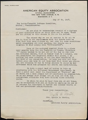 Myrtle De Montis (American Equity Association) typed letter signed to Sacco-Vanzetti Defense Committee, Washington, D.C., May 27, 1927