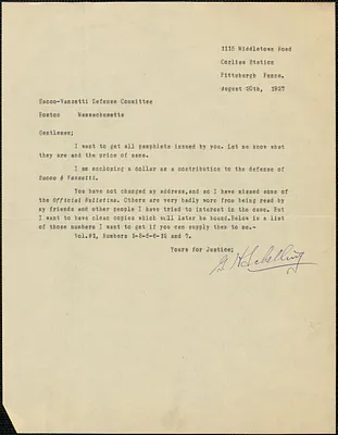 G. Shelling typed note signed to Sacco-Vanzetti Defense Committee, Pittsburgh, Pa., August 20, 1927