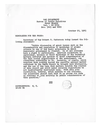 War Department Press Release, Statement by Secretary of War Robert Patterson