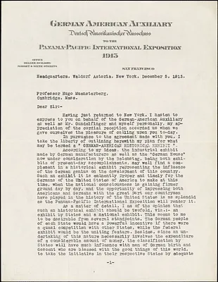 Delger, Edward F., fl. 1913 typed letter signed to typed letter to Hugo Münsterberg, San Francisco, 5 December 1913