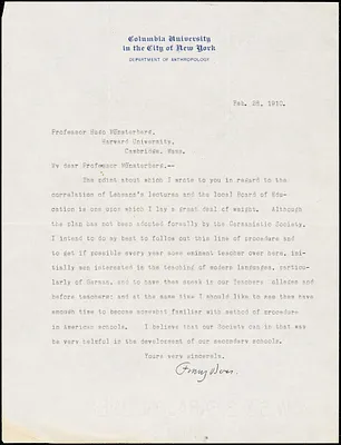 Boas, Franz, 1858-1942 typed letter signed to Hugo Münsterberg, New York, 26 February 1910