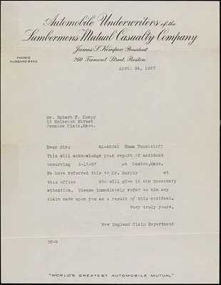 Letter from automobile underwriters of the Lumbermens Mutual Casualty Company to Robert F. Knapp, April 24, 1937