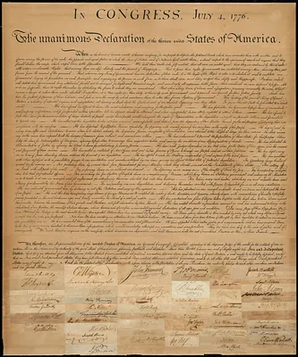 Facsimile of the United States Declaration of Independence, with clipped signatures affixed