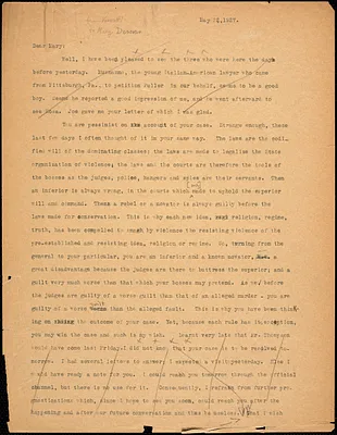 Bartolomeo Vanzetti typed letter (copy) to Mary Donovan, [Dedham], 22 May 1927