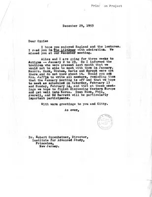Letter from Dean Acheson to J. Robert Oppenheimer