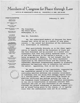 Letter from the organization Members of Congress for Peace Through Law to President Gerald R. Ford concerning the extent and direction of the continuing U.S. involvement in Indochina.