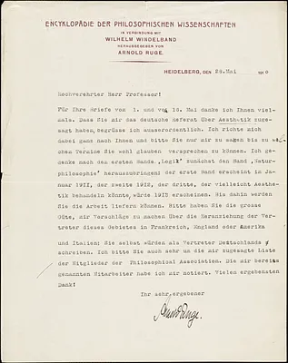 Ruge, Arnold, 1881-1945 typed letter signed to Hugo Münsterberg, Heidelberg, Ger., 28 May 1910