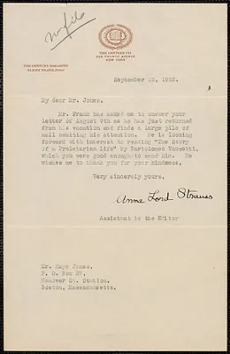 Anna Lord Strauss (The Century Magazine) typed letter signed to Hays Jones, New York, N.Y., September 12, 1923