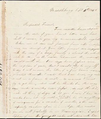 Letter from Elizabeth B. Gillet, Middlebury, to Amos Augustus Phelps, Sept. 6th 1827