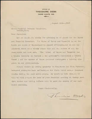 Theodore Debs typed letter signed to Sacco-Vanzetti Defense Committee, Terre Haute, Ind., August 24, 1927